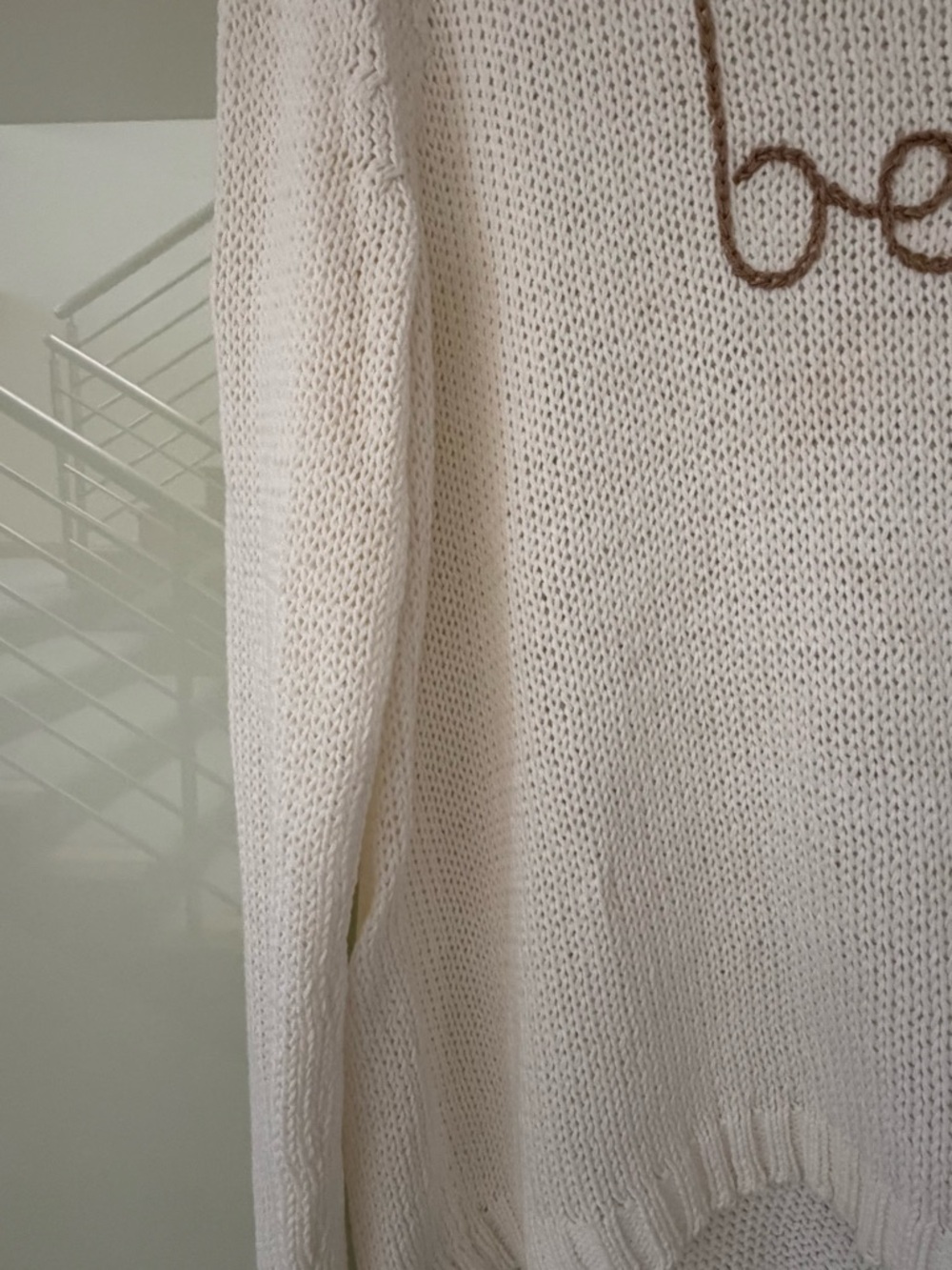 Wooden Ships Off-White Open-Knit Crewneck with Tan 'beach' Script - Picture 6 of 7